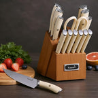 Kuisine Sharp Chef Knife Set,High Carbon Stainless Steel Ergonomic Rivet Handle,Knife Block Set with Built-in Sharpener(Acacia Ivory Pro,15PCS)