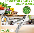 Herb Scissors Set - Updated 2025 Cool Kitchen Gadgets for Cutting Fresh Garden Herbs - Herb Cutter Shears with 5 Blades and Cover, Sharp and Anti-rust Stainless Steel, Dishwasher Safe (Green-White)