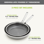 GreenPan Hybrid 9.5” & 11” Nonstick Stainless Steel Frying Pan Set, APEX Tri-Ply Thermobond PFAS-Free Ceramic Skillets, Induction & All Cooktop Compatible, Oven Temp to 850°F, Dishwasher Safe, Silver