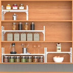 iPEGTOP Expandable Cabinet Storage Shelf Organizer Rack, Heavy Duty Cupboard Stand Spice Rack Adjustable Height Garage Pantry Shelf Space Riser for Counter Kitchen Organization, White, 2 Pack