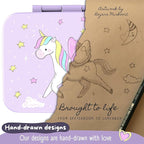 BEARFOOT Kids Lunch Box with Compartments – Compact & Lightweight | Leak-Proof, BPA-Free, Dishwasher & Microwave Safe | Hand-Drawn Design for Preschool, School, Travel (Unicorn Purple, 4 Cups)