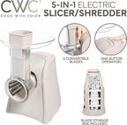 COOK WITH COLOR 5-in-1 Electric Slicer, 150W Food Prep Machine – Cheese Shredder, Fine & Coarse Graters, Potato Grater, Vegetable Slicer, Fruit, Salad Shooter, Compact Design for Bowl Prep, Sand