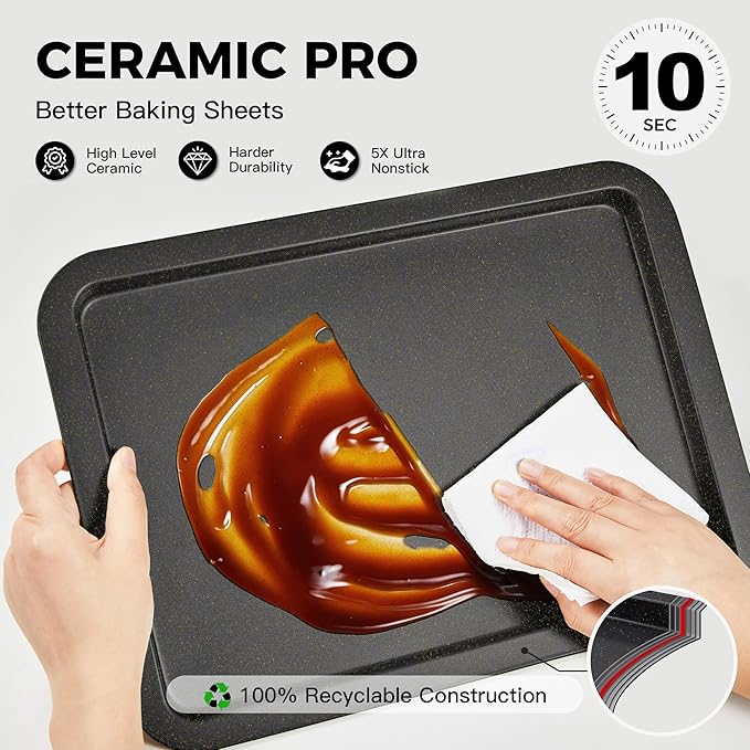 HONGBAKE Ceramic Baking Sheet Pan Set, Cookie Sheet for Oven, Bakeware Sets with Wider Grips, 3 Pack Half/Jelly Roll/Quarter Baking Tray, Premium, Dishwasher Safe - Dark Grey