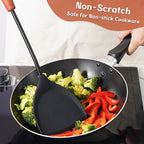 FJNATINH Silicone Wok Spatula,Turner,Ladle,Skimmer Set,Wok Tools, Wok Utensil,Non Stick Heat-Resistant Stainless Steel Cooking Utensils BPA Free Kitchen Utensils Cookware, Pack of 4,Black