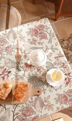 patdrea Designer Pink Linen Table Cloth for Rectangle Table,Vintage Floral with Birds Pattern Decorative Tablcloth,French Table Cover for Kitchen Dining,Thanksgiving,Christmas,63"x94"-Kulom a