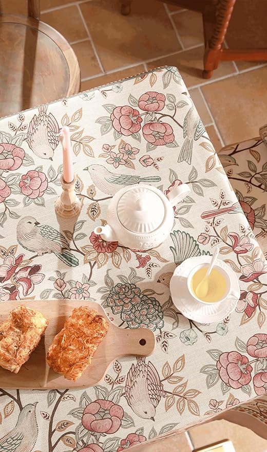 patdrea Designer Pink Linen Table Cloth for Rectangle Table,Vintage Floral with Birds Pattern Decorative Tablcloth,French Table Cover for Kitchen Dining,Thanksgiving,Christmas,67"x118"-Kulom a