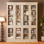 70.8" Bookshelf with Glass Doors, Farmhouse Modular Bookcase with 6-Tier Adjustable Shelves, Large Storage Cabinet for Living Room & Home Office, Set of 3, Brown