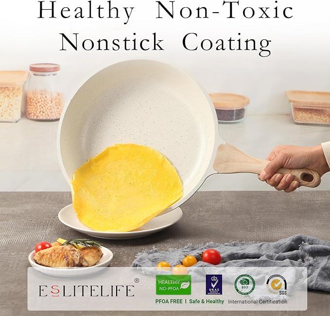 ESLITE LIFE Nonstick Ceramic Frying Pans Skillets Set with Lids, Non-Toxic Egg Omelette Kitchen Cooking Pans Compatible with All Stovetops (Gas, Electric & Induction), PTFE & PFOA Free (White)