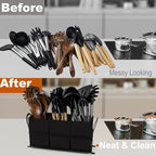 Large Utensil Caddy, Drainage Utensil Holder for Kitchen Counter, 3pcs Bins Set Cooking Utensil Organizer for Spoons, Spatulas, Black