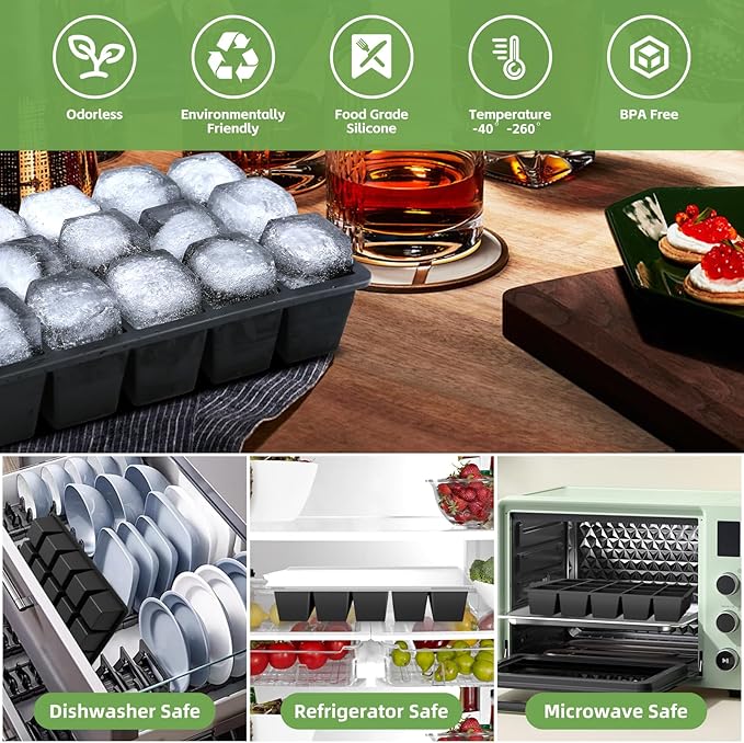 FANYITY Silicone Ice Cube Trays 2-Pack with Locks lids,Easy Release Ice Molds for Freezer,Perfect for Cocktails, Whiskey, Coffee