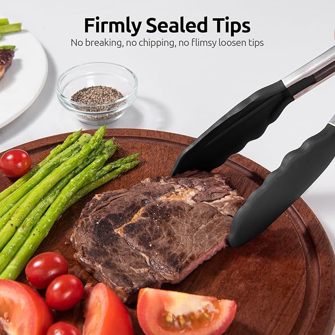 600ºF Heat Resistant Kitchen Tong: U-Taste 7 inch Silicone Cooking Tong with Firm Sealed Non Stick Rubber Tips & Silicon Coated 18/8 Stainless Steel Handle & Smooth Locking for Serving Salad (Black)