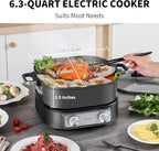 Electric Skillet 6-Quart Hot Pot Nonstick - PFOA-Free Ceramic Coating Pot, 1600W, Timer & 3 Power Settings for Steak, Egg, Ramen