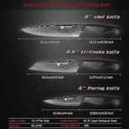 8C Damascus Knife Set - 3PC Chef's Knife, Kitchen and Paring Knives, High Carbon Stainless Steel, Ergonomic Full Tang ABS Anti-Skid Handle