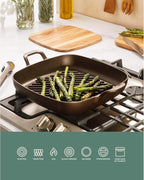 Bloomhouse Natural Bronze Finish 12-Inch Square Cast Iron Grill Pan – Olive Oil Treated Surface with Dual Handles & Olive Wood Trivet, Oven, Grill & Campfire Safe