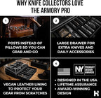 Premium Pocket Knife Display Case for 30 Knives - Large Wooden Knife Organizer, Storage & Holder with Unique Pillars, Hinged Cover, Drawer - Knife Collection Box - Handcrafted for Men