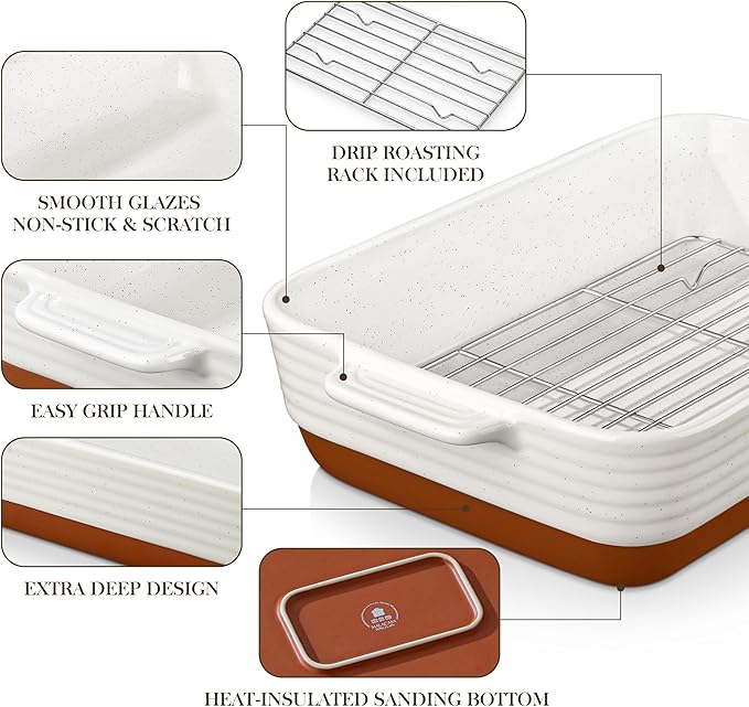 MALACASA Baking Dish with Rack, 4.8 Qt Ceramic Roasting Pan with Stainless Steel Drip Rack, 9x13 Inch Deep Casserole Dish with Handles, Oven Safe Lasagna Pan for Baking & Serving (Khaki & White) - Series Tara