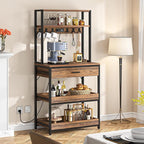 LITTLE TREE Kitchen Baker’s Rack with Power Outlets, Freestanding 5-Tier Microwave Stand with Drawers & Sliding Shelves, Coffee Bar with 6 Hooks for Dining Room Living Room, Rustic Brown