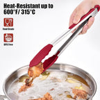 Doosu Kitchen Tongs for Cooking - 600°F Heat Resistant Food Tong Set with Non-Scratch Silicone Tips, Heavy Duty Stainless Steel Locking Tong for BBQ, Grilling Steak, Serving Salad (7+9+12in, Red)