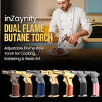 Dual Flame Butane Torch Gun - Refillable Luxury Hand Held Mini Blow Torch for Cooking, Creme Brulee, Soldering, Welding, & Resin Art - Adjustable Flame with Ignition Lock - Gold Black by inZaynity