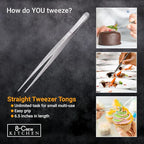 8-CREW KITCHEN Culinary Stainless Steel Tweezers, 6-inch Set of 3 Chef Precision Tongs for Plating, Decorating, Food Design, Bar and Multi-Purpose