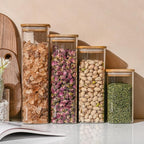 37oz Rectangle Airtight Glass Storage Containers with Bamboo Lids (Set of 4), Square Food Storage Jar, Pantry Organizers for Cereal, Nuts, Snacks and Coffee beans (‎with Black Lable)