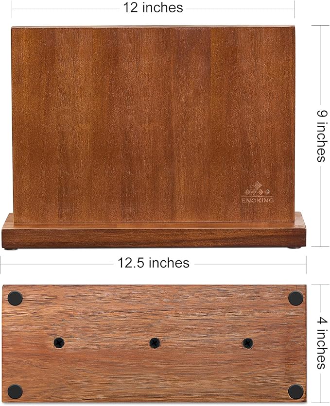 ENOKING Magnetic Knife Block 12.5 x 9 Inches, Double Side Magnetic Knife Holder Built in Three Powerful Magnets Strip, Acacia Wood Universal Knife Storage Organizer for Kitchen Counter