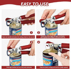 10 Colors, Manual Handheld Heavy Duty Hand can Opener Smooth Edge Stainless Steel, Top Lid Kitchen Gadgets, Best Large Rated Easy Turn Knob, with Bottle Opener, Red