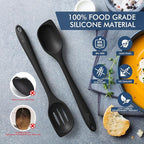 HOTEC Heat Resistant Silicone Cooking Spoon Spatula, Large Kitchen Solid and Slotted Spoons for Mixing, Serving, Scraping, Non-stick, Dishwasher Safe Black 12.5inch