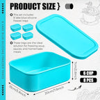 Nuogo 8 Pcs 6 Cup Silicone Freezer Trays with Lid Soup Containers Reusable Freezer Silicone Molds Rectangle Containers Ice Trays for Sauces Stews Curries, Lake Blue