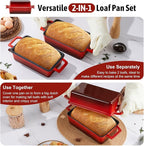 P&P CHEF 2 In 1 Enameled Cast Iron Loaf Pan with Lid, 9 x 5 Inch Bread Loaf Pans for Baking Homemade Sourdough Bread, Meatloaf, Toast, Cake, Nonstick & Healthy & Sturdy, 2 Piece Set - Red