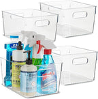 Plastic Food Storage 4 Pack Clear Container Bin with Handles for Organizing Kitchen, Pantry, Refrigerator, Freezer, Pantry, Cabinet, Closet, Bathroom. 10”x7.5”x5.3”