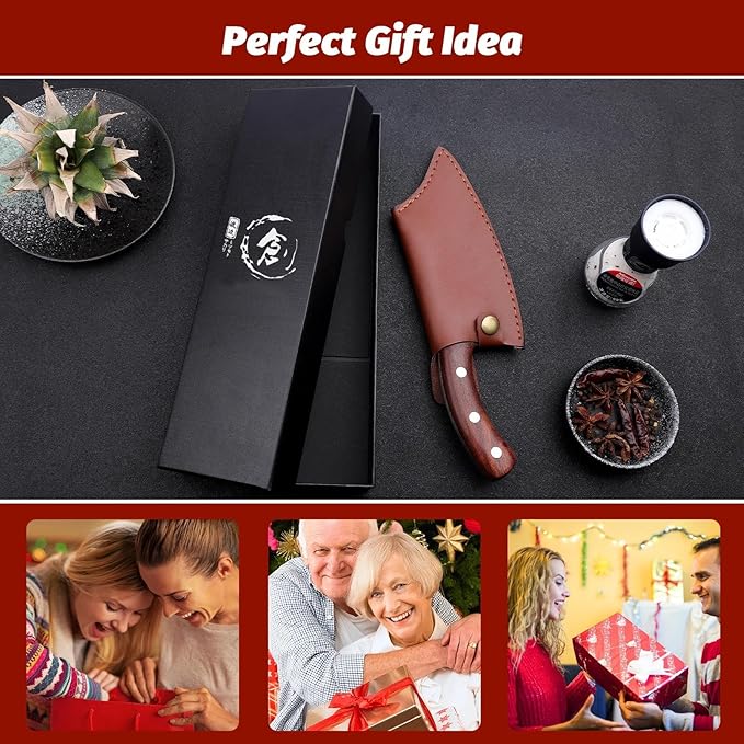 ROCOCO 3PCS Butcher Cleaver Knife Set for Meat Cutting Serbian Chef Knife Viking Boning Cleaver with Sheaths for Kitchen Outdoor BBQ Camping Birthday Father Mother Christmas Gift Idea Men