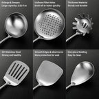 Stainless Steel Kitchen Utensils Set with Wood Handle, 18/10 Metal Cooking Utensils Set, 10-Piece - Spatula, Spoon, Ladle, Skimmer, Slotted Turners, Pasta Server, Fork, Masher(Dishwasher Safe)