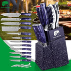 FULLHI 14pcs Block Knife Set, Chef's Knife Steak Knives Set with Block and Sharpener, Kitchen Knife Set, Multi-colour Handle, Gifts for Men Women