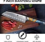 FINTISO Santoku Knife 7 inch Kitchen Knife S35VN Powder Steel Core for Meats Vegetables, 7-Layers Clad Steel Japanese Chef Knife Super Sharp Chopping Knife with Celestial Resin & Wood Handle Best Gift