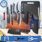 XYJ Knife Block Set, Full Tang Kitchen Knives Set with Block, Sharpening Stick, Chopping Board, Scissors, Mini Knife, Gloves, Cleaning Cloth, Pakkawood Handle Knives