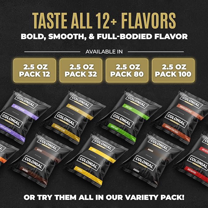 Colonial Coffee 32 Count Single Pot Coffee Packets – 100% Arabica Breakfast Blend Medium Roast | Pre-Measured Frac Packs for 12 Cup Maker | Bulk Ground Gourmet Coffee for Home & Office