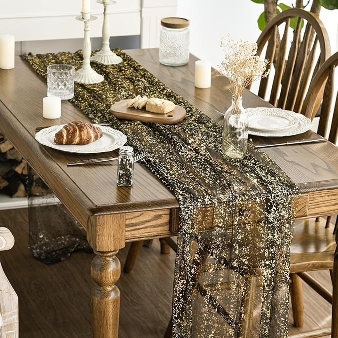 Artoid Mode 6Pcs Black Gold Gauze Table Runner 120 Inch 10FT, Glitter Metallic Foil Sheer Dining Wedding Anniversary Holiday Birthday Table Decor for Home Party
