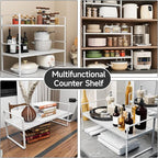 Expandable Cabinet Countertop Shelves 16.5-27’’L, Adjustable Metal Spice Rack Organizer, Stackable Kitchen Counter Storage Shelves Organizers for Cabinet Organization, White