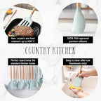 Country Kitchen Non Stick Silicone Utensil Set with Rounded Wood Handles for Cooking and Baking, 38 Piece Set, Mint