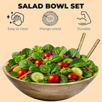 Large Wooden Salad Bowl Set - 1/2" Thick Mango Wood Serving Bowl with Utensils, Rustic Wooden Mixing Bowls, Decorative Kitchen Dinnerware for Popcorn, Pasta, & Chips, Dishes - 12 Inch