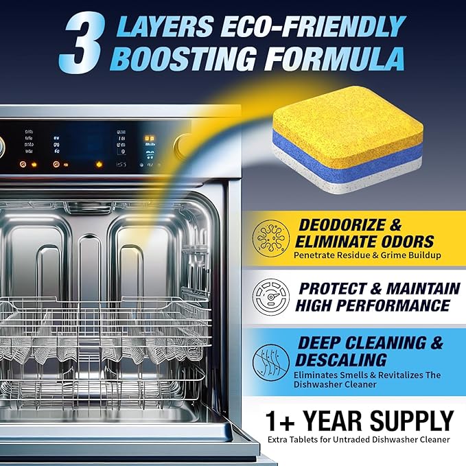 Dishwasher Cleaner Deodorizer Descaler Tablets - 56 Tabs - 1 Plus Year Supply - Extra Scented Deep Cleaning Sanitizer Pods - Remove Hard Water - Contain Citric Acid Heavy Duty Septic Safe - Lemon