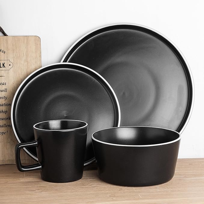 Stone Lain Allison Stoneware Dish Set, 32-Piece Round Dishes for 8, Black and White