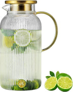 Glass Pitcher with Lid, 68 oz/2 Liter Classic Vertical Stripes Water Pitcher,Glass Water Carafe for Cold Brew, Coffee, Lemonade, Iced Sun Tea,Beverage,Milk, Heat Resistant