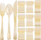 Supernal 300pcs Gold Glitter Plastic Cutlery Disposable Utensils Gold Plastic Silverware Sets Include 100 Forks, 100 Spoons & 100 Knives Serves for 100 Guests Suitable for Party,Thanksgiving