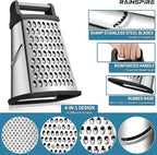 Rainspire Professional Box Grater, Cheese Grater Box for Kitchen Stainless Steel with 4 Sides, Cheese and Spice Graters with Handle for Vegetables, Ginger, Potatoes, Black