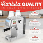 Gourmia Slim Espresso Machine – 20-Bar Pump, LCD Display, Milk Frother, Adjustable Temperature, Manual & Auto Brew for Single/Double Shots, 1350W, Stainless Steel