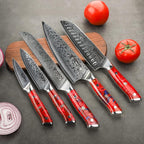 Chef Cooking Knives Set- Kitchen Knife Set of 5 Piece - Ultra-Sharp VG10 Damascus Steel & Resin Handle - Xuan Series (Sunset Red)