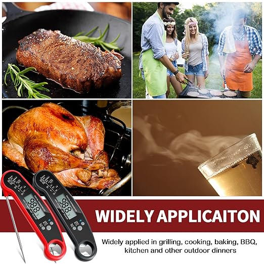 Leelosp 3 Pcs Digital Meat Thermometer with Probe Waterproof Fast Read Food Thermometer Kitchen Grilling Cooking with Backlight Magnet and Calibration for Baking BBQ(Red, Black)