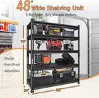 Adjustable Shelving Units and Storage, 48”W Garage Shelving Heavy Duty,2800LBS Loads 5-Tier Garage Storage Shelves, Metal Shelves for Living Room,Pantry,48”W×24”D×78”W,Black